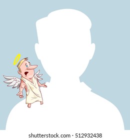 Blank male avatar or profile picture with angel conscience character on his shoulder advising him.