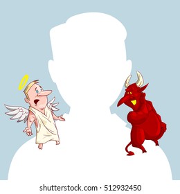 Blank male avatar or profile picture with devil and angel conscience characters on his shoulder advising him.
