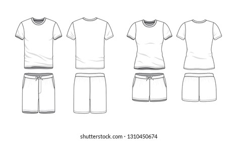 Blank male and female round neck t-shirt and swimming shorts in front, back views. Clothing templates. Fashion set. Casual, sport style. Active wear. Vector illustration. Isolated on white.