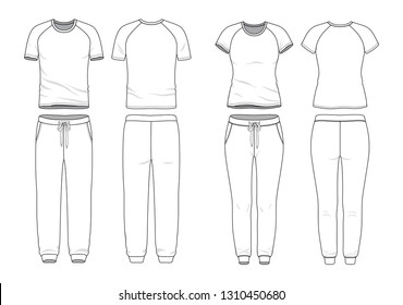 Blank male and female round neck raglan t-shirt and sweatpants in front, back views. Clothing templates. Fashion set. Casual, sport style. Active wear. Vector illustration. Isolated on white.