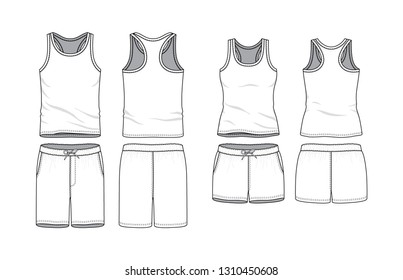 Blank male and female tank top and swimming shorts in front, back views. Clothing templates. Fashion set. Casual, sport style. Active wear. Vector illustration. Isolated on white.