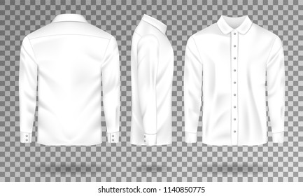 Blank male shirt template. Realistic Men s shirt with long sleeves front, side, back view. White cotton Shirt isolated. Vector illustration