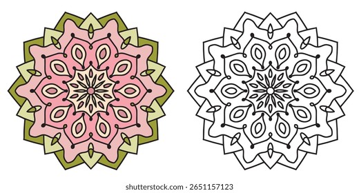Projeto de mandala em branco com linhas limpas para livro de coloração, design de mandala para livro de coloração de adultos. Exemplo de referência colorida. Pôster Mandala padrão circular. Wall Art. Vetor mão desenhado rabiscar.
