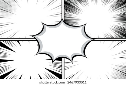 Página de cómic manga en blanco con líneas de velocidad y burbujas de habla. Ilustración vectorial