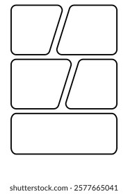 Blank manga storyboard template with six panels, ideal for creating comic strips or manga stories. Each panel has rounded corners and varying shapes for dynamic storytelling