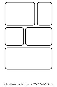 Blank manga storyboard template with six panels, perfect for creating comic strips or manga stories. Ideal for artists and writers to sketch and plan their narratives