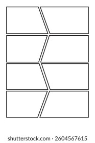 Blank manga storyboard template with six panels, ideal for creating comic strips or manga stories. Each panel has rounded corners and varying shapes for dynamic storytelling