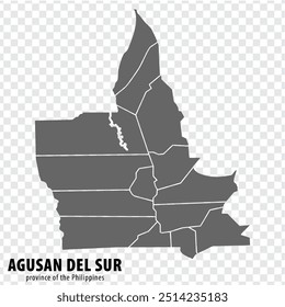 Blank map Agusan del Sur of Philippines. High quality map Province Agusan del Sur with districts on transparent background for your web site design, logo, app, UI.  Republic of the Philippines