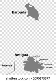 Blank map Antigua and Barbuda in gray. Every Island map is with titles. High quality map of  Antigua and Barbuda on transparent background for your  design.  Caribbean. EPS10.