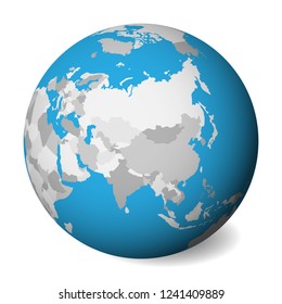 Blank  map of Asia. 3D Earth globe with blue water and grey lands. Vector illustration.