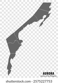 Blank map Aurora of Philippines. High quality map Province of Aurora with districts on transparent background for your web site design, logo, app, UI.  Republic of the Philippines.  EPS10.