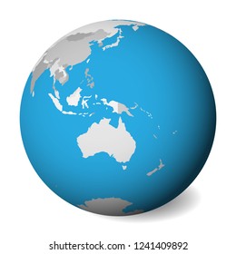 Blank  map of Australia. 3D Earth globe with blue water and grey lands. Vector illustration.