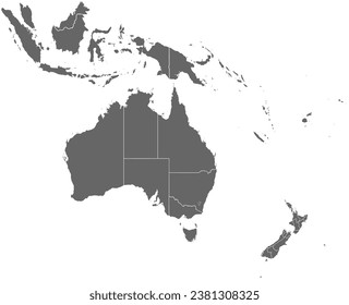 Blank map Australia and New Zealand. Detailed map of Australia with States  and territories and all Regions of New Zealand. Template.  EPS10.