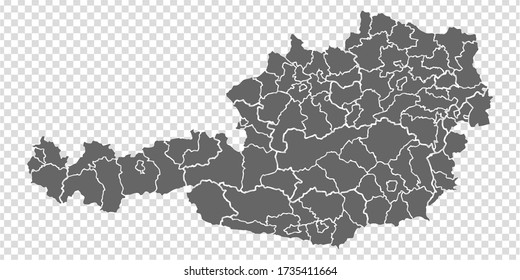 Blank map Austria in gray. High detailed vector map of Austria with provinces  and on transparent background for your web site design, logo, app, UI.  EPS 10. 