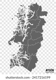 Blank map Aysen Region of Chile. High quality map Aysen with municipalities on transparent background for your web site design, logo, app, UI. Republic of Chile.  EPS10.