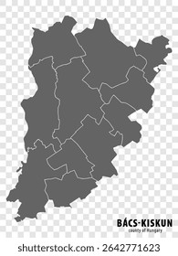 Blank map Bacs-Kiskun County of Hungary. High quality map Bacs-Kiskun County with municipalities on transparent background for your web site design, logo, app, UI. Hungary. EPS10.