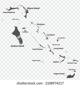 Blank map Bahamas in gray. Every Island map is with titles. High quality map of Bahamas Islands with districts on transparent background for your  design.  EPS10.