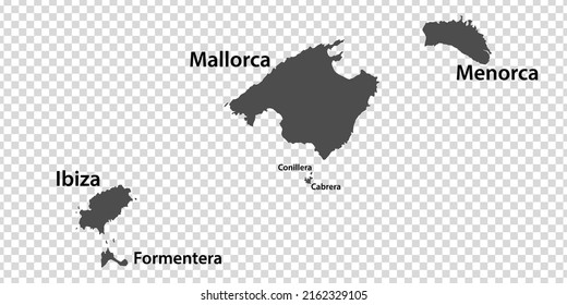 Blank map Balearic Islands in gray. Every Island map is with titles. High quality map of  Balearic Islands on transparent background for your  design.  Spain. EPS10.