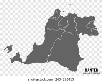 Blank map Banten province of Indonesia. High quality map Banten with municipalities on transparent background for your design. Republic of Indonesia.  EPS10.