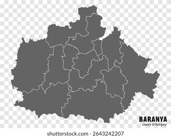 Blank map Baranya County of Hungary. High quality map Baranya County with municipalities on transparent background for your web site design, logo, app, UI. Hungary. EPS10.