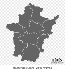 Blank map Bekes County of Hungary. High quality map Bekes  County with municipalities on transparent background for your web site design, logo, app, UI. Hungary. EPS10.