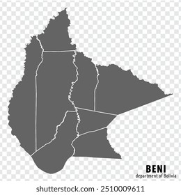 Mapa em branco de Beni Department of Bolivia. Mapa de alta qualidade Departamento de Beni com distritos em fundo transparente para o seu design de site, logotipo, aplicativo, UI.  EPS10