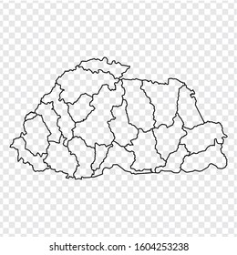Blank map of Bhutan. High quality map of Bhutan with provinces on transparent background for your web site design, logo, app, UI. Asia. EPS10. 