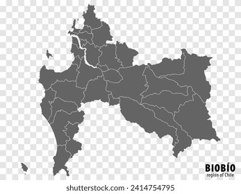 Mapa en blanco de la región de Biobio de Chile. Mapa Biobio de alta calidad con municipios sobre fondo transparente para el diseño de su sitio web, logotipo, aplicación, interfaz de usuario. República de Chile.  EPS10.