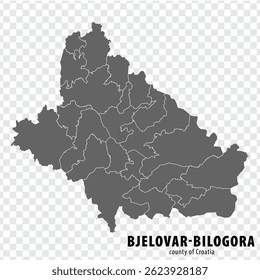 Mapa em branco de Bjelovar-Bilogora County, Croácia. Mapa de alta qualidade Bjelovar-Bilogora County com municípios em fundo transparente para o design do seu site, logotipo, aplicativo, UI. Croácia. EPS10