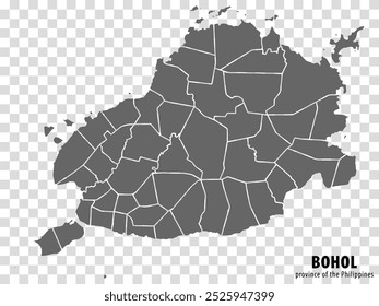 Mapa en blanco de Bohol, Filipinas. Mapa de alta calidad Provincia de Bohol con distritos sobre fondo transparente para su diseño de Sitio web, logotipo, App, UI. República de Filipinas.  EPS10.