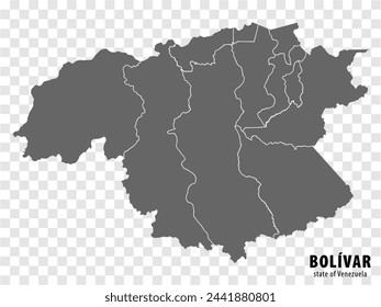 Blank map Bolivar State of  Venezuela. High quality map Bolivar State with municipalities on transparent background for your design. Bolivarian Republic of  Venezuela.  EPS10.