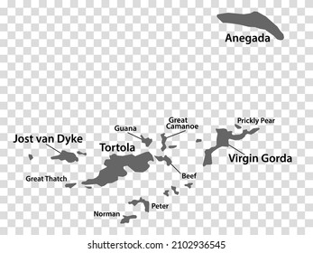 Blank map British Virgin Islands in gray. Every Island map is with titles. High quality map of  British Virgin Islands on transparent background for your  design.  Caribbean. EPS10.