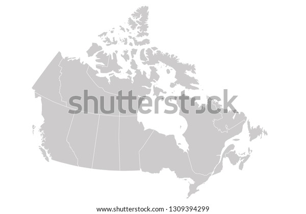Blank map of Canada divided into 10 provinces and 3\
territories. Administrative regions of Canada. Solid grey vector\
map.