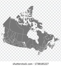 Blank map of Canada. High quality map of  Canada with Regions on transparent background for your web site design, logo, app, UI. North America. EPS10.
