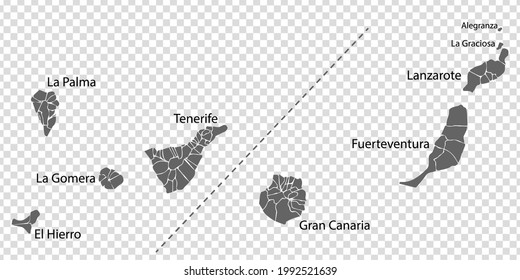 Blank map Canary Islands in gray. Every Island map is with titles. High quality map of  Canary Islands with districts on transparent background for your  design.  Africa. Spain. EPS10.