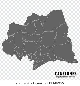 Mapa en blanco Departamento Canelones de Uruguay. Mapa de alta calidad Departamento de Canelones con distritos sobre fondo transparente para su diseño de Sitio web, logotipo, App, UI. República Oriental del Uruguay.