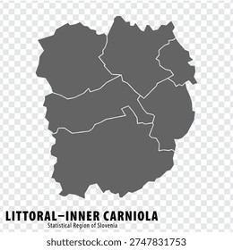Blank map of Littoral–Inner Carniola Statistical Region. High quality map Littoral–Inner Carniola with municipalities on transparent background for your web site design, logo, app, UI. Slovenia. EPS10.