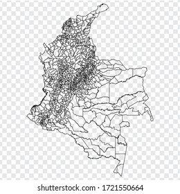 Blank map Colombia. High quality map Colombia with provinces  and municipalities on transparent background for your web site design, logo, app, UI.  EPS10.