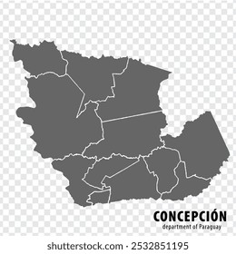 Mapa em branco Concepcion Departamento do Paraguai. Mapa de alta qualidade Departamento de Concepción com distritos em fundo transparente para o seu web site design, logo, app, UI. República do Paraguai.  