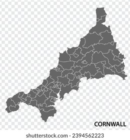 Blank map Cornwall of United Kingdom. High quality map Region Cornwall with municipalities on transparent background for your web site design, logo, app, UI.  EPS10.