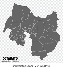 Mapa en blanco Cotabato de Filipinas. Mapa de alta calidad Provincia de Cotabato con distritos sobre fondo transparente para su diseño de Sitio web, logotipo, App, UI. República de Filipinas.  EPS10.