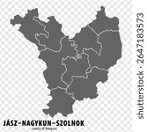 Blank map Jasz–Nagykun–Szolnok County County of Hungary. High quality map Jasz–Nagykun–Szolnok County with municipalities on transparent background for your web site design, logo, app, UI. Hungary.
