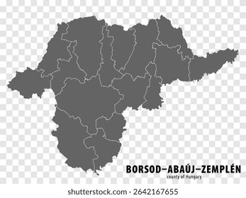 Blank map Borsod–Abauj–Zemplen County of Hungary. High quality map Borsod–Abauj–Zemplen County with municipalities on transparent background for your web site design, logo, app, UI. Hungary. EPS10.