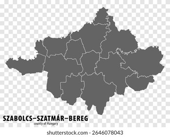 Mapa em branco Szabolcs-Szatmar-Bereg County, Hungria. Mapa de alta qualidade Szabolcs-Szatmar-Bereg County com municípios em fundo transparente para o seu design de site, logotipo. Hungria. 