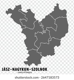 Blank map Jasz–Nagykun–Szolnok County County of Hungary. High quality map Jasz–Nagykun–Szolnok County with municipalities on transparent background for your web site design, logo, app, UI. Hungary.