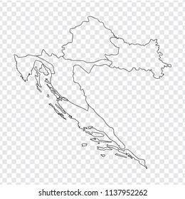 Blank map Croatia. High quality map of  Croatia on on transparent background.  Map of Croatia with the provinces. Stock vector. Vector illustration EPS10. 