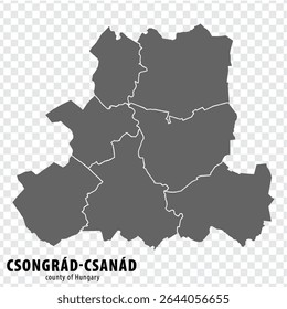 Mapa em branco Csongrad-Csanad County of Hungary. Mapa de alta qualidade Csongrad-Csanad County com municípios em fundo transparente para o seu design de site, logotipo, aplicativo, UI. Hungria. EPS10