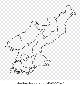 Blank map Democratic People's Republic of Korea. High quality map of North Korea  with provinces on transparent background for your web site design, logo, app, UI. EPS10. 