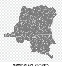 Mapa en blanco de la República Democrática del Congo. Mapa de los distritos de RD Congo. Mapa vectorial detallado de alto nivel sobre fondo transparente para el diseño de su sitio web, aplicación, interfaz de usuario. EPS10. 