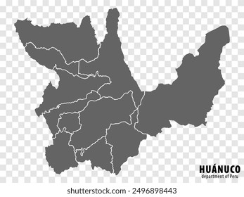 Blank map Department Huanuco of Peru. High quality map Department  of Huanuco with districts on transparent background for your web site design, logo, app, UI.  Republic of Peru.  EPS10.